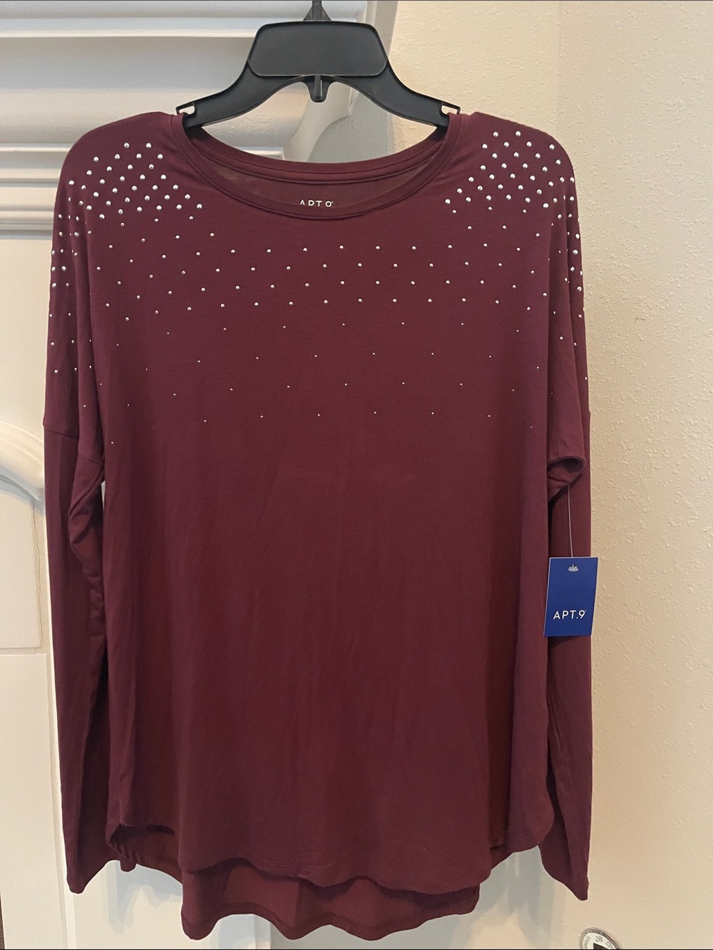 Apt. 9 Burgundy Long-Sleeve Studded Crewneck Top